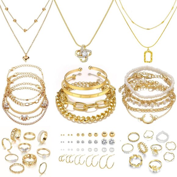 Gold Plated Jewelry Set for Women Girls Multi Layer Necklace Bracelets Rings Ear - Picture 1 of 8